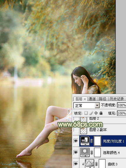 Photoshop打造非常柔美的黄青色湖景美女图片