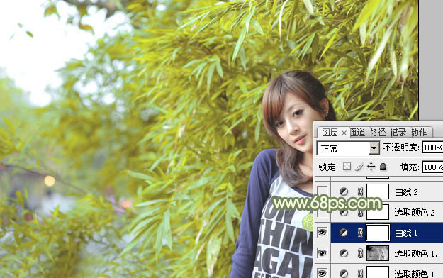 Photoshop给竹林边的美女加上甜美的淡调黄绿色