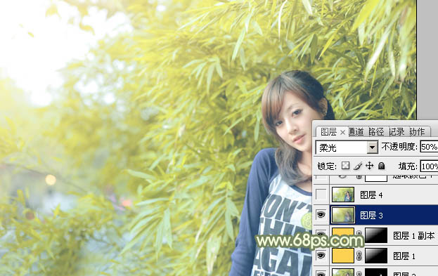 Photoshop给竹林边的美女加上甜美的淡调黄绿色