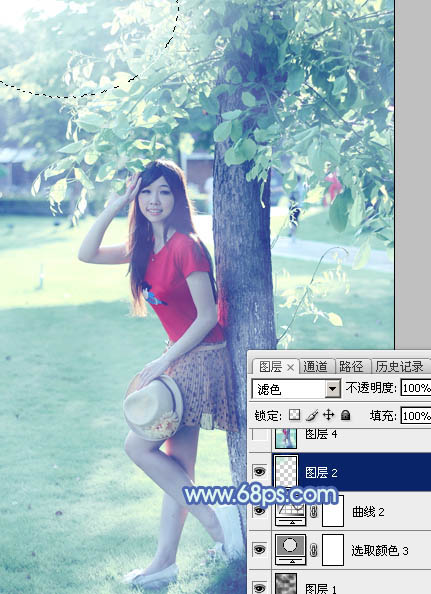 Photoshop给树边的女孩加上流行的淡调青蓝色