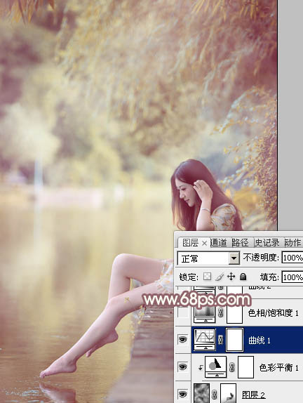 Photoshop打造唯美的暖色河景美女图片