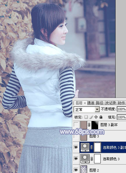 Photoshop给果子美女加上淡雅的韩系冬季冷色