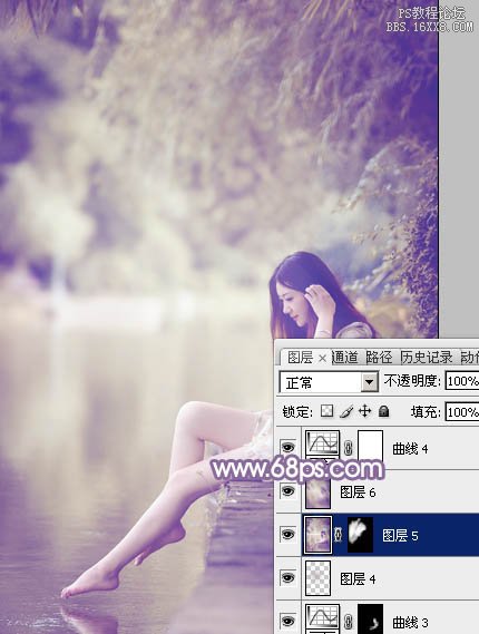 Photoshop给水塘边的美女加上漂亮的淡调黄紫色