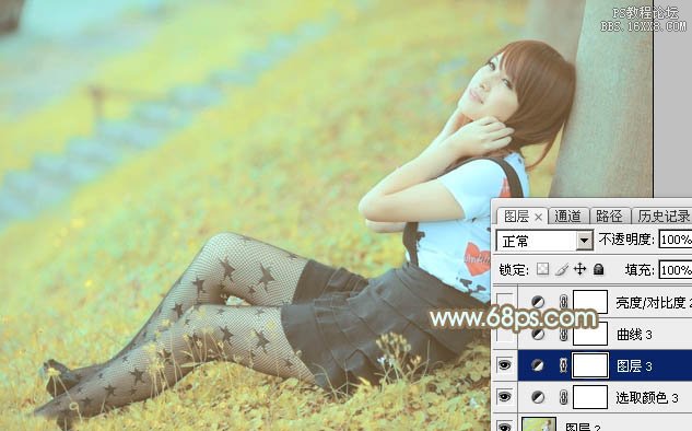 Photoshop打造柔美的韩系粉黄色草地美女图片
