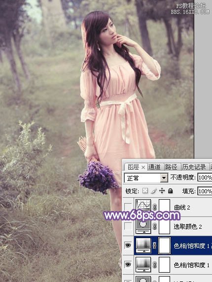 Photoshop给树林中的美女加上梦幻的淡冷色