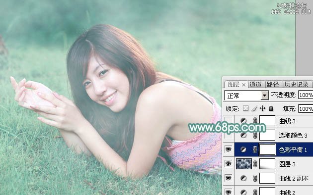 Photoshop给草地上的美女加上唯美清爽的青绿色