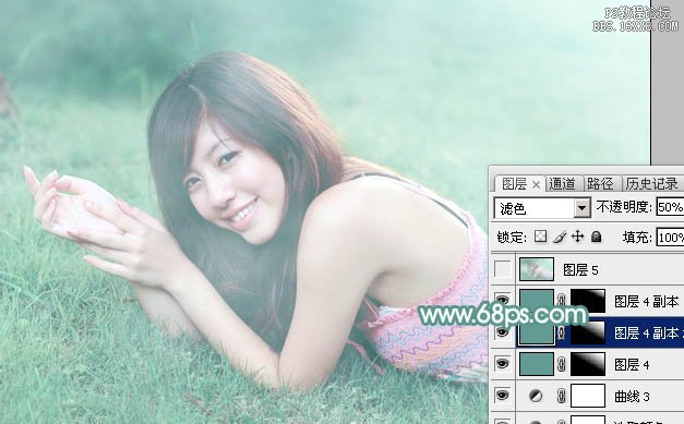 Photoshop给草地上的美女加上唯美清爽的青绿色