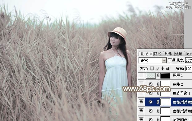 Photoshop给芦苇中的美女加上柔和的古典粉褐色