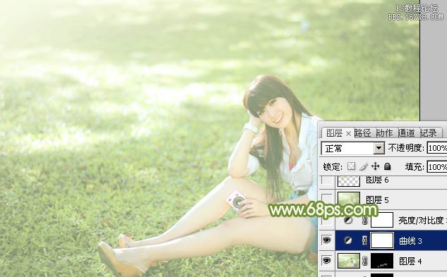 Photoshop给绿草上的美女加上甜美的韩系淡绿色