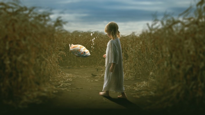 创意合成，制作一幅小女孩与金鱼交流的创意场景