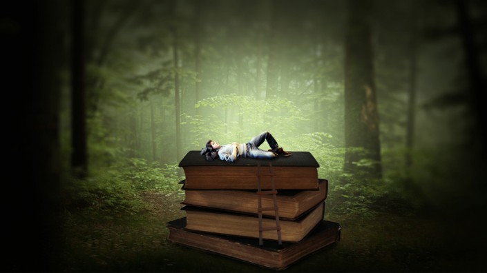 创意合成：在Photoshop中合成一个在丛林书本上睡觉的男孩