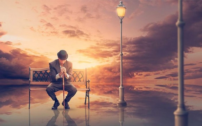 创意合成：在Photoshop中合成一副霞光中坐在水面上的男士