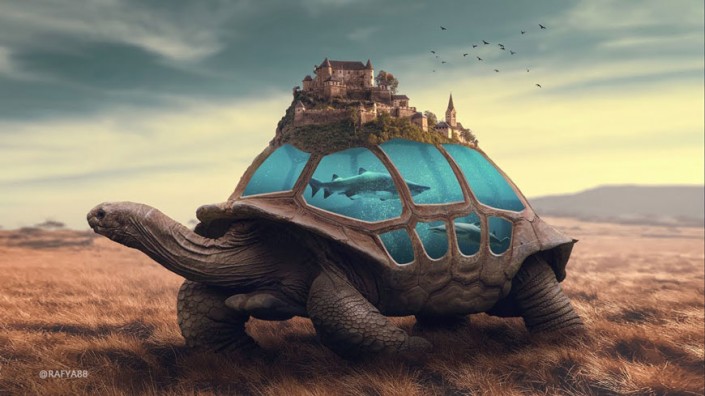 超现实合成：通过Photoshop合成乌龟背上的海洋和城堡的超现实场景