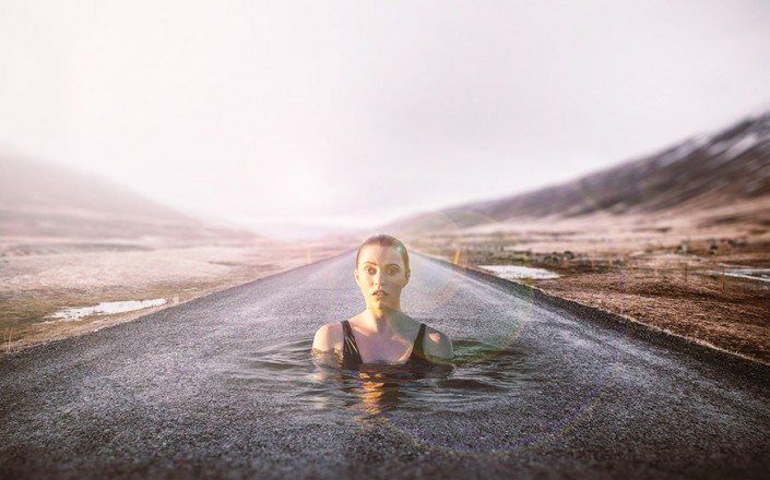 场景合成，制作美女在公路上游泳的超现实场景