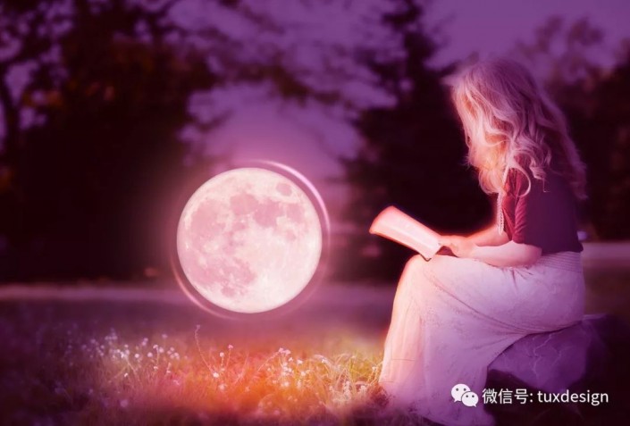 场景合成：合成在月光下认真专注夜读的女孩