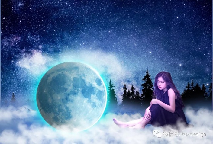 场景合成：合成一幅女孩在月亮下沉思的唯美画面
