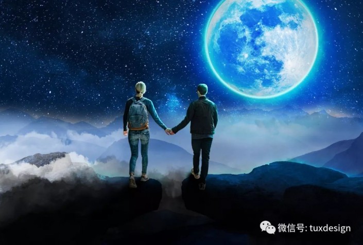 场景合成，合成月光下的小情侣在手牵手在约会的浪漫场景