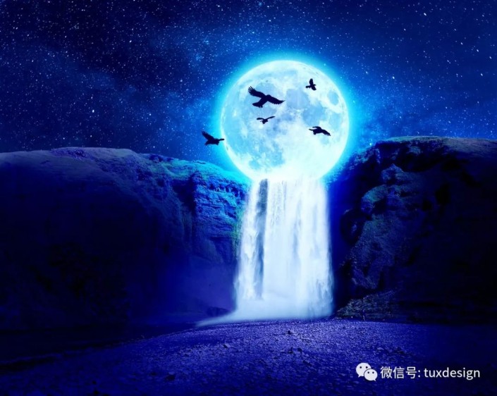 创意合成：合成超大月亮瀑布流的奇幻场景