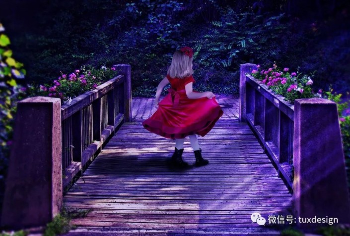 场景合成：合成桥上穿着红衣跳舞的小女孩场景照片