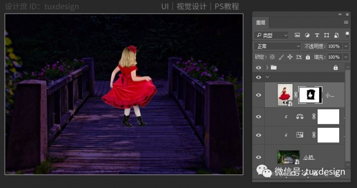 场景合成，合成桥上穿着红衣跳舞的小女孩场景照片