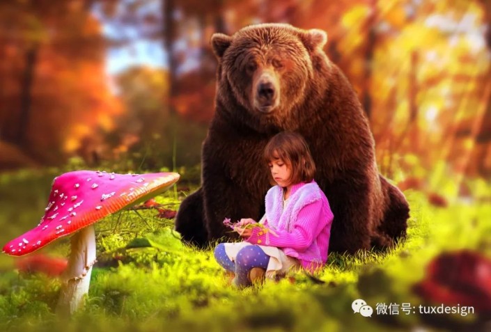 奇幻合成：制作小女孩和她的黑熊在森林里的奇幻场景