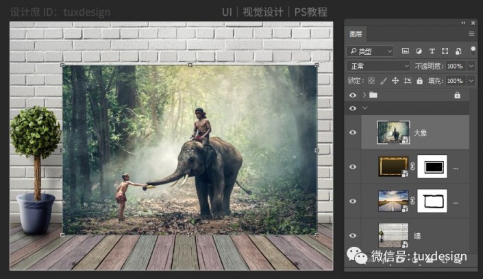 创意合成，制作一张大象从壁画中走向现实的场景
