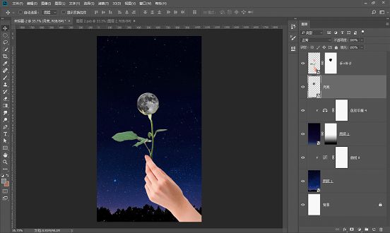 创意合成，合成一朵梦幻极具创意的玫瑰花月亮照片