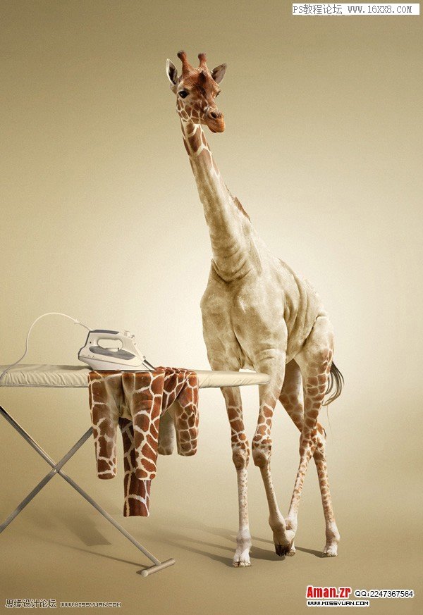 创意合成：通过Photoshop制作一幅创意的长颈鹿熨衣服的创意图片