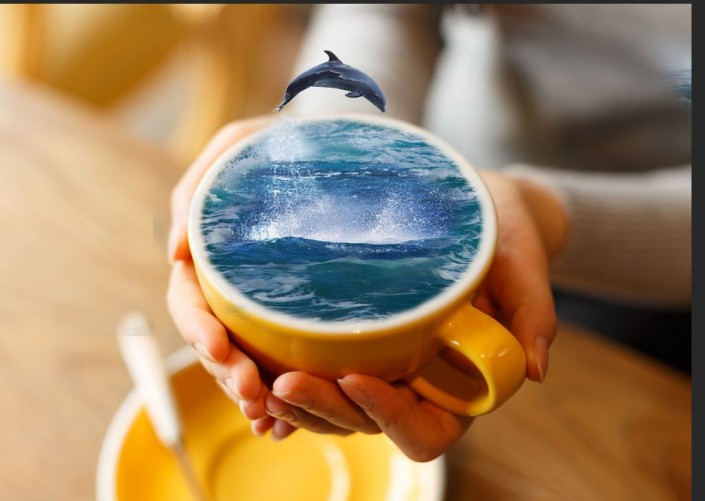 场景合成，通过PS合成咖啡杯里有大海的创意照片