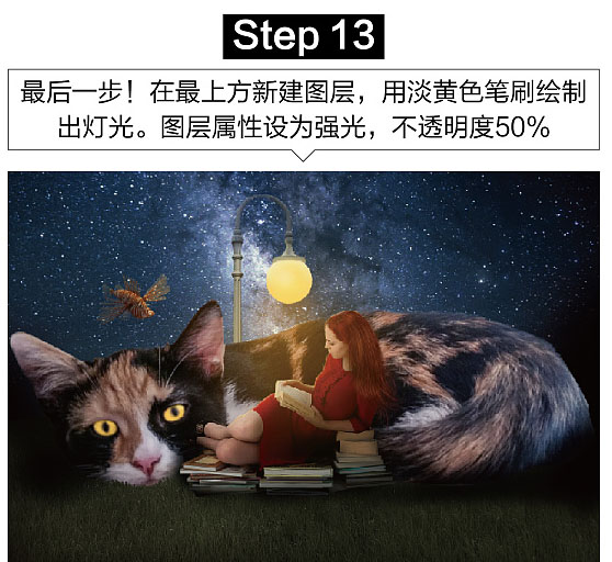 照片合成，PS合成星空下女孩和猫咪依偎阅读的梦幻场景