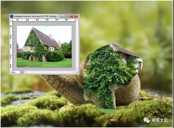 照片合成，用PS合成一只载有房屋的幻想蜗牛