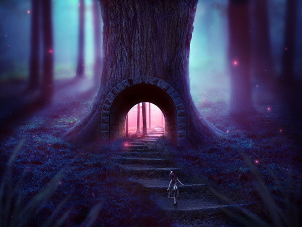 童话场景：合成爱丽丝漫游仙境的小人国场景