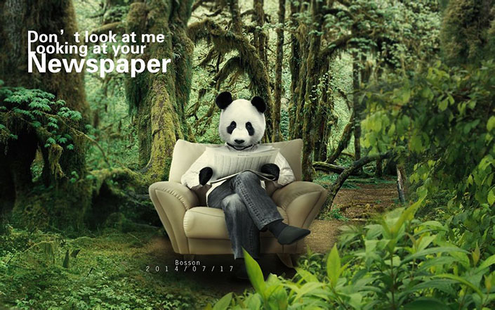 场景合成，合成一张在读报纸的熊猫人场景