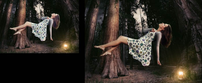 悬浮效果,合成漂浮在树林半空的女孩照片