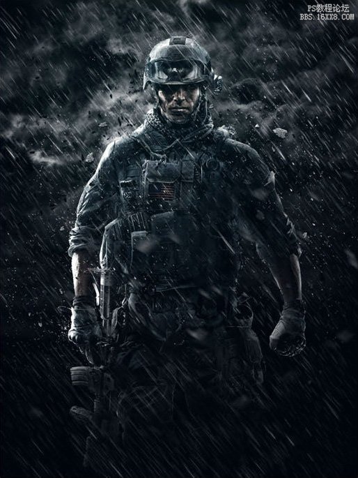 Photoshop合成雨中战士图