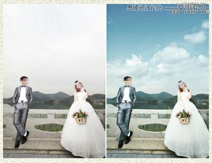Photoshop给婚纱照片添加蓝色云朵背景图