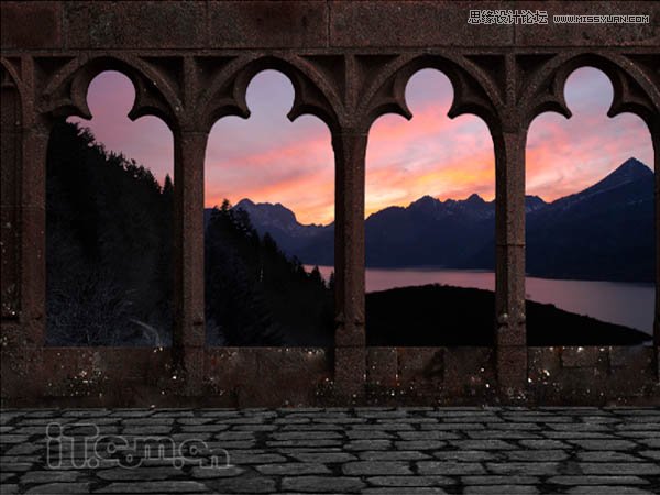 Photoshop绘制古城堡阳台夕阳景色