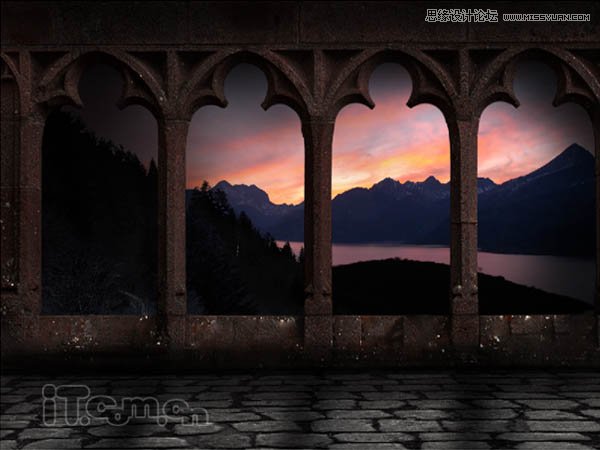 Photoshop绘制古城堡阳台夕阳景色