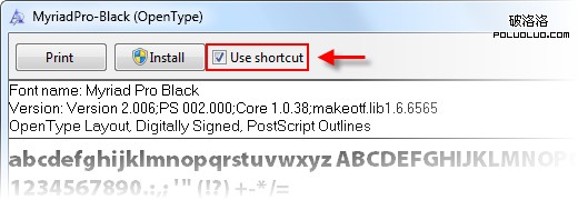 在 Windows7 上安装字体快捷方式：勾选“use shortcut” -快享quickshare.com.cn