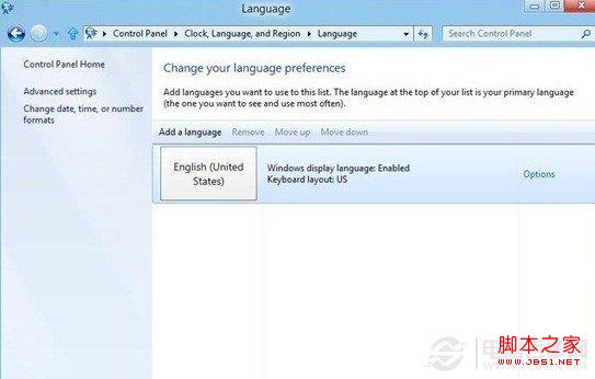 windows8“控制面板”中语言首选设置项