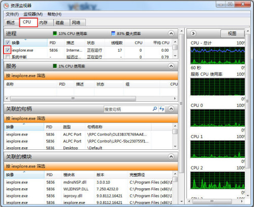 Win7资源监视器掌控系统网络软件状况