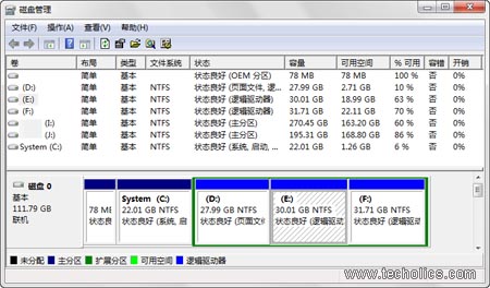 Windows 7磁盘管理工具界面