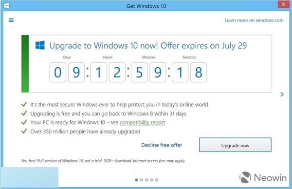 Win7/8.1 GWX加入免费升级倒计时：快升Win10
