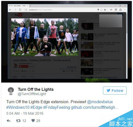 Win10红石版Edge浏览器新扩展：“关灯”办事，养眼！