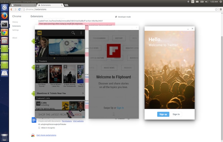 IMDB, Flipboard and Twitter Android Apps running on Ubuntu 14.04 LTS