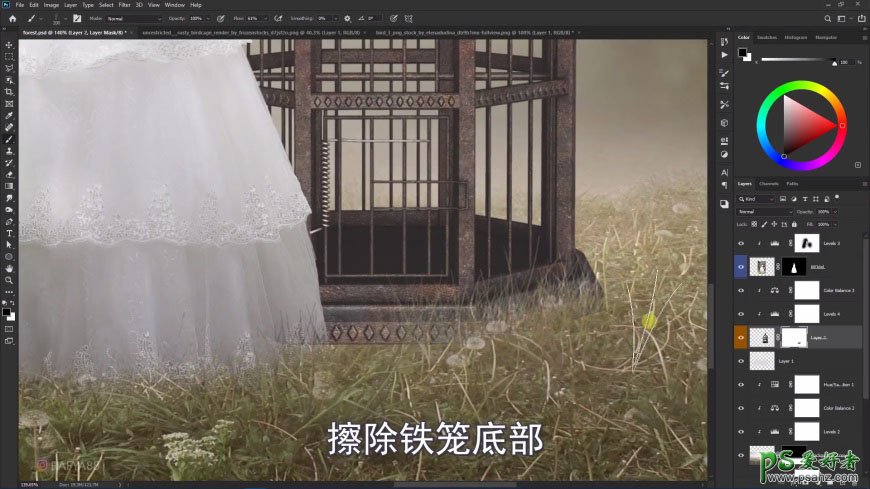Photoshop创意合成森系婚纱照美女与巨型鸟笼在森林中的秘境场景
