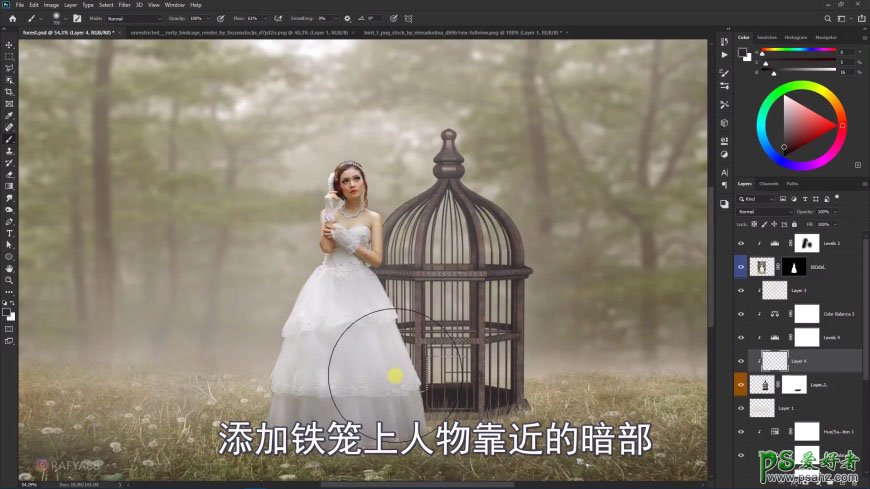 Photoshop创意合成森系婚纱照美女与巨型鸟笼在森林中的秘境场景