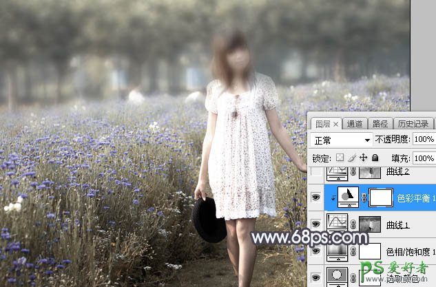 Photoshop给公园中自拍的性感长裙未成年少女图片调出梦幻的淡冷