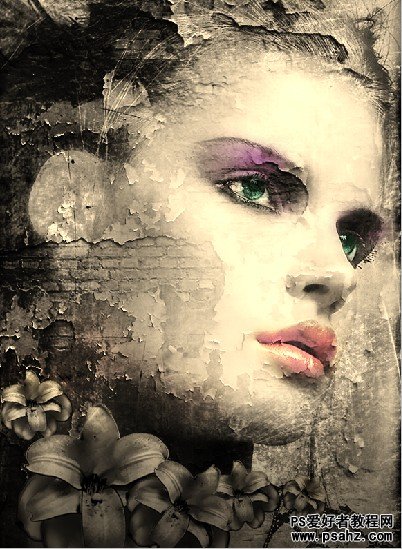 photoshop合成制作墙面掉皮的美女石像效果
