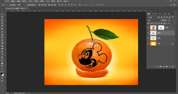 PS创意合成教程：学习把可爱的米老鼠图案合成到桔子身上。